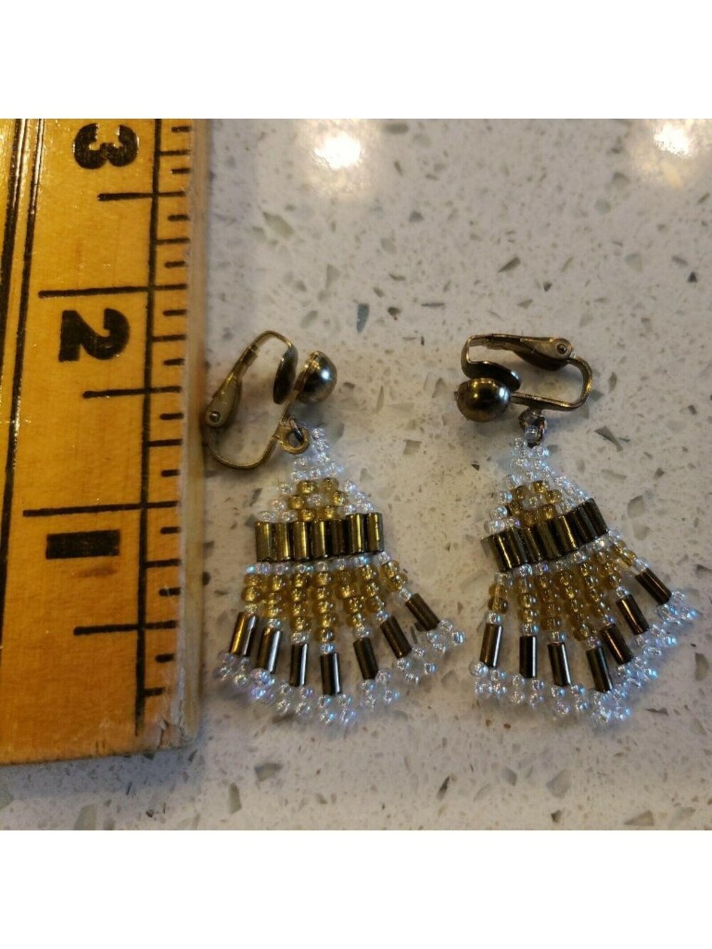 Vintage Clip On Earrings gold tone Metal tan white beads Retro dangle